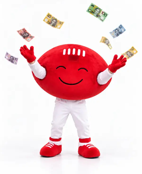 The red SquishOz football mascot throwing Australian banknotes in the air